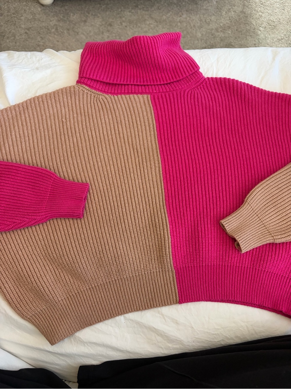 Deluc Colorblock Cowl Neck Sweater in Hot Pink & Camel